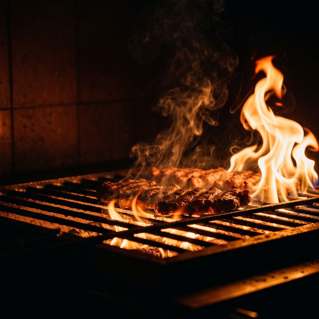 Parrilla chilena encendida con carnes asándose